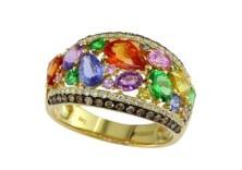 Multicolor Rainbow Sapphires Diamond 14K Yellow Gold Statement Dome Cluster Ring