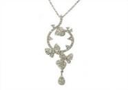Diamond Butterfly Butterflies Pave Set Hearts 14K White Gold Pendant Necklace