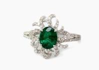 Oval Shape Green Emerald Diamond Pave Halo Set 14K White Gold Statement Ring
