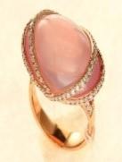 Pink Rose Quartz Fancy Cabochon Diamond Halo Waves 18K Rose Gold Cocktail Ring