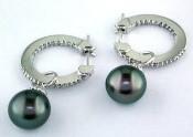 Grey Silver Black Tahitian Pearl 14K White Gold Diamonds Huggie Hoop Earrings