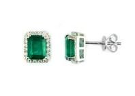Rectangle Green Emerald Diamond Halo Set 14K White Gold Stud Earrings