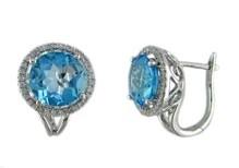 Round Swiss Blue Topaz Diamond Halo 14K White Gold Stud Earrings
