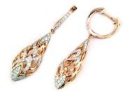 Elegant Diamond Pave Leaf Leaves Shell Motif 14K Rose Gold Dangle Earrings