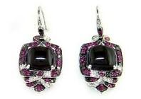 Black Onyx Red Pink Ruby White Diamonds Halo Set 14K White Gold Earrings