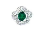 Oval Shape Green Emerald 14K White Gold Diamond Halo Floral Flower Spirals Ring