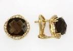 Round Shape Brown Smoky Quartz 14K Yellow Gold Diamonds Halo Set Stud Earrings