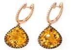 Amber Orange Pear Teardrop Shape Champagne Diamonds Halo 14KGold Dangle Earrings