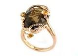 Oval Shape Brown Smoky Quartz Diamonds Halo Scroll Motifs 14K Yellow Gold Ring