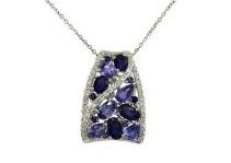 Dark Light Hue Blue Sapphire Cluster Diamonds Pave White Gold Pendant Necklace