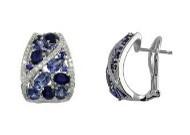 Light Dark Blue Sapphire Cluster White Diamond Pave 14K White Gold Earrings