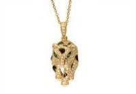 Panther Leopard Jaguar Lion 14K Rose Gold Green Emeralds Eye Pendant Necklace