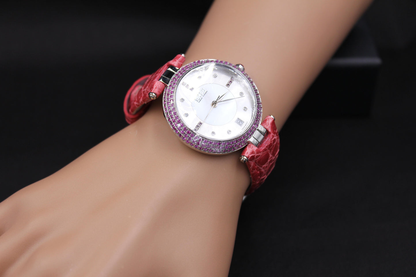 pink sapphire & diamond pave dial luxury swiss quartz exotic leather band watch