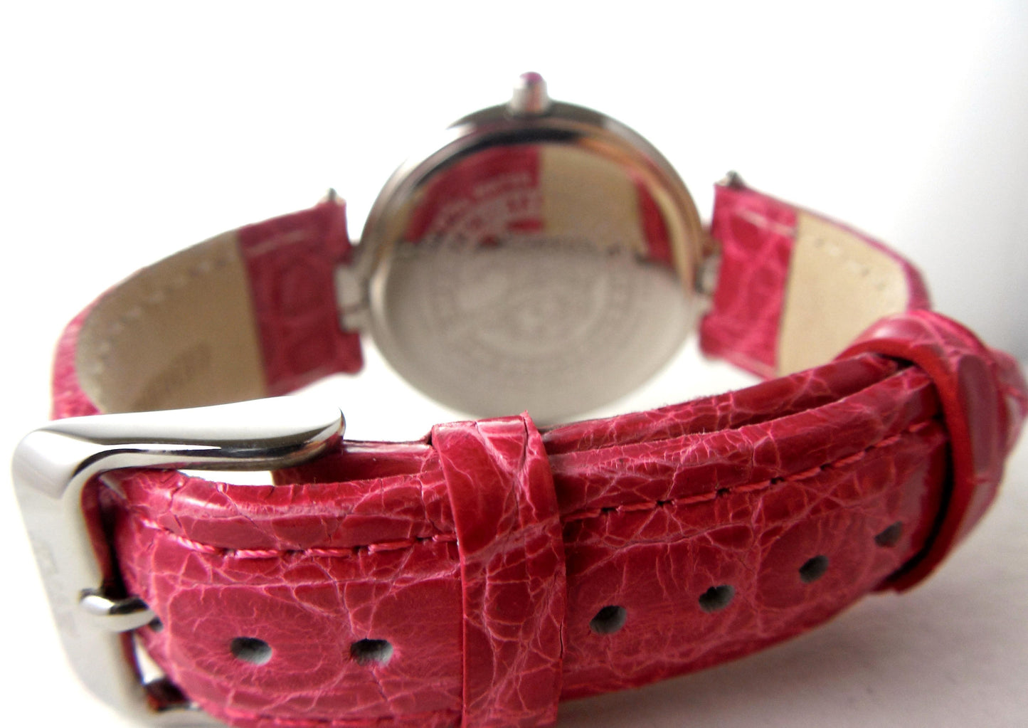 pink sapphire & diamond pave dial luxury swiss quartz exotic leather band watch