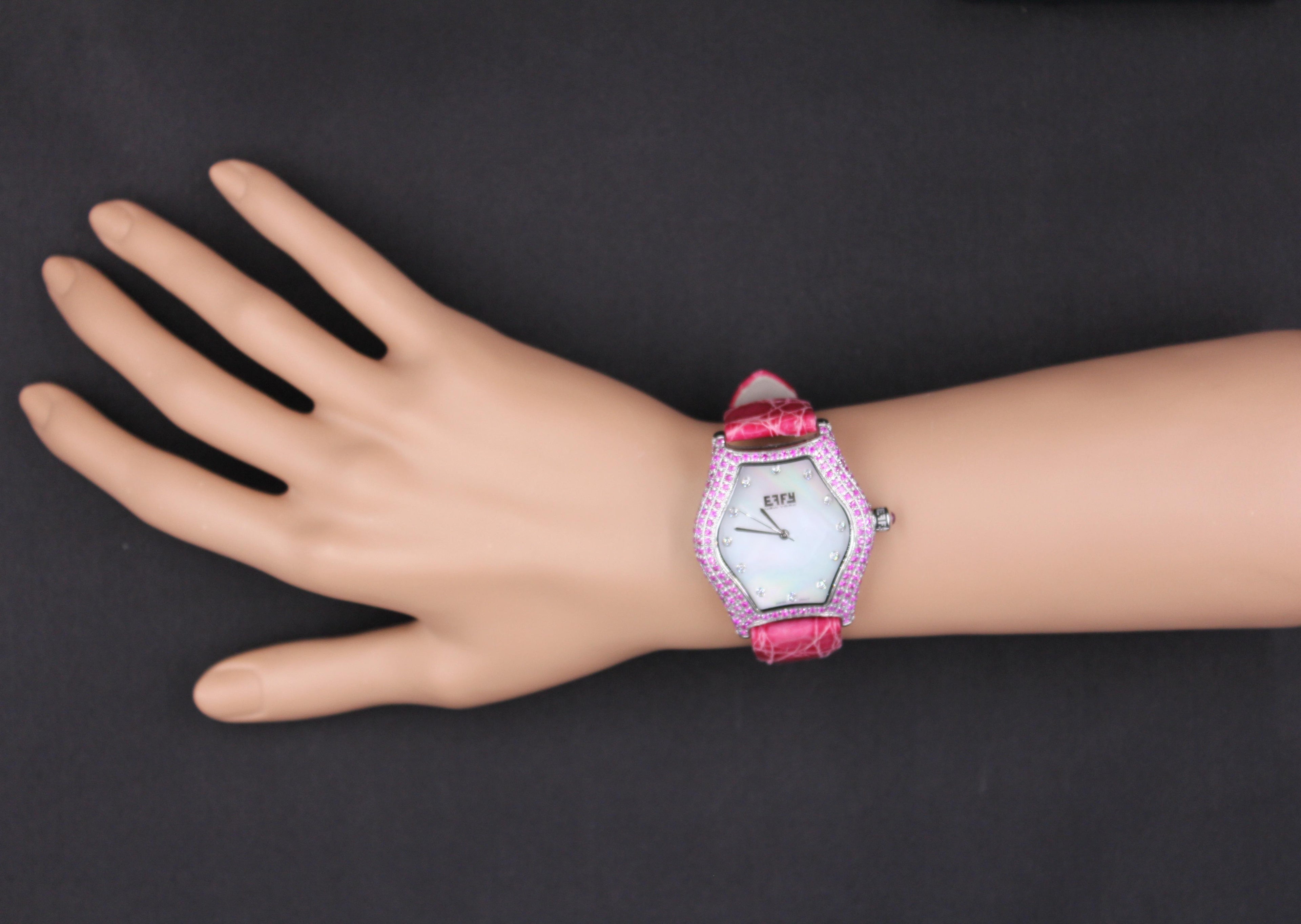 Pink Sapphire & Diamond Pave Dial Luxury Swiss Quartz Exotic Leather Watch