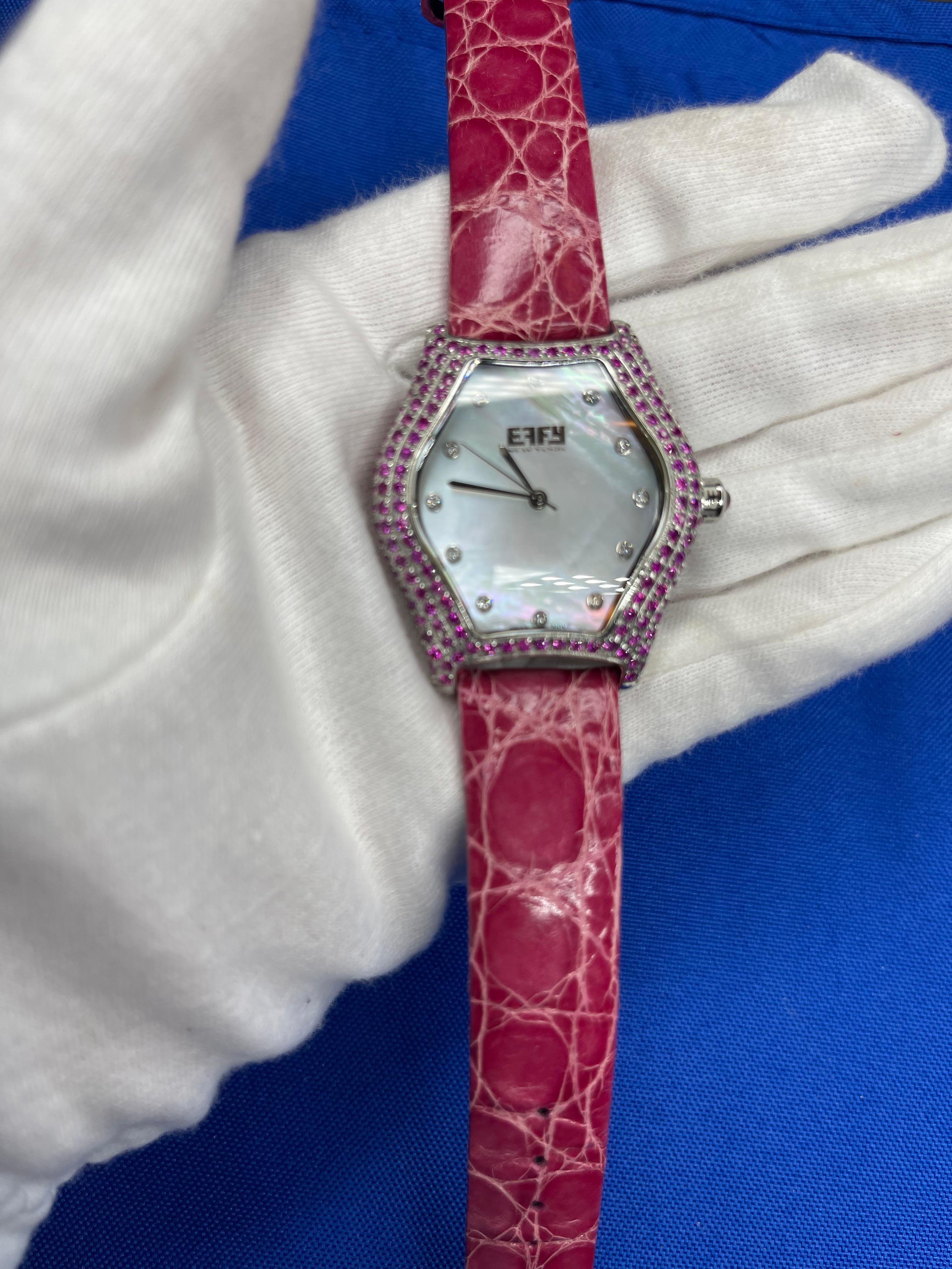 Pink Sapphire & Diamond Pave Dial Luxury Swiss Quartz Exotic Leather Watch