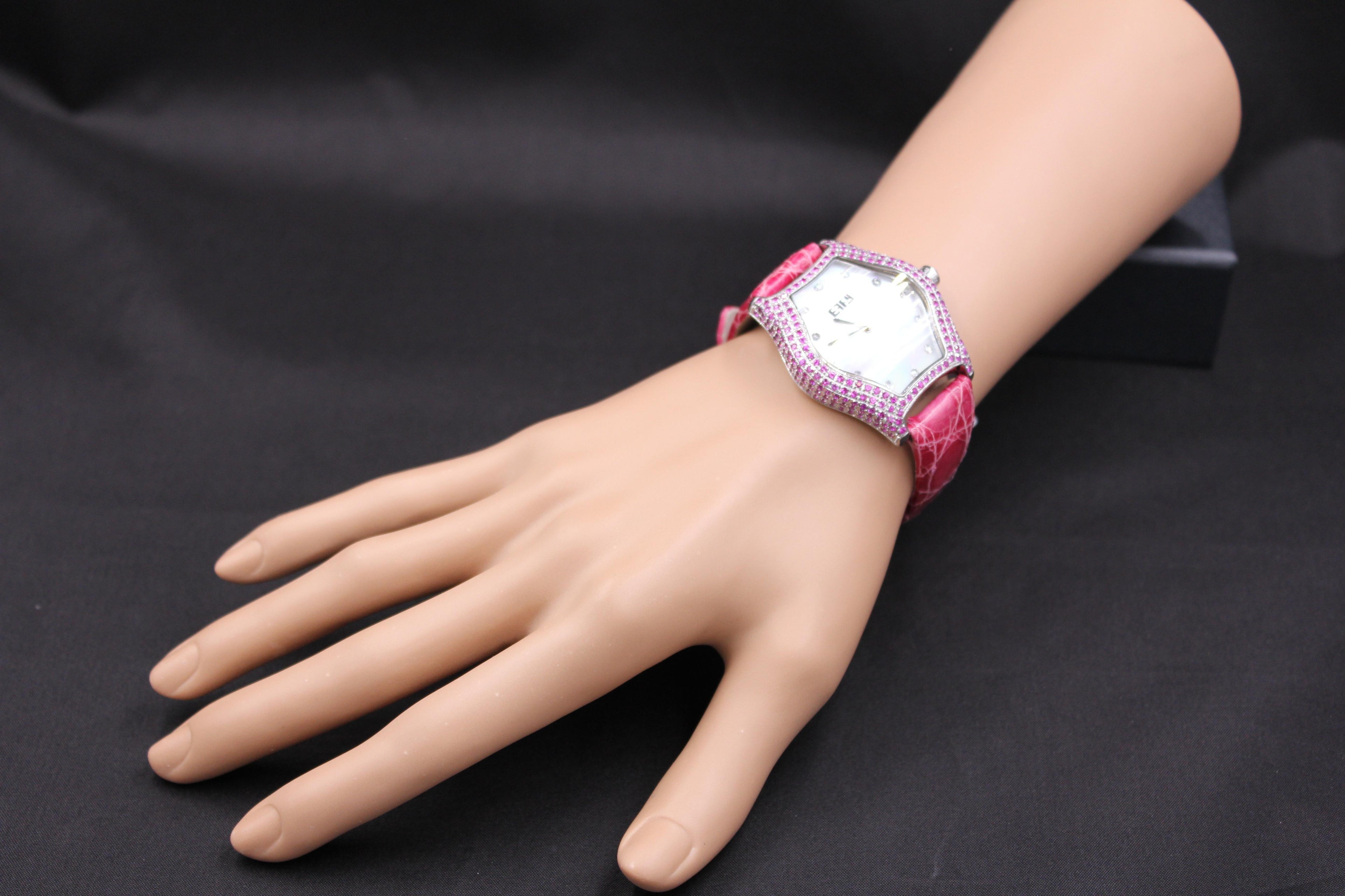 Pink Sapphire & Diamond Pave Dial Luxury Swiss Quartz Exotic Leather Watch