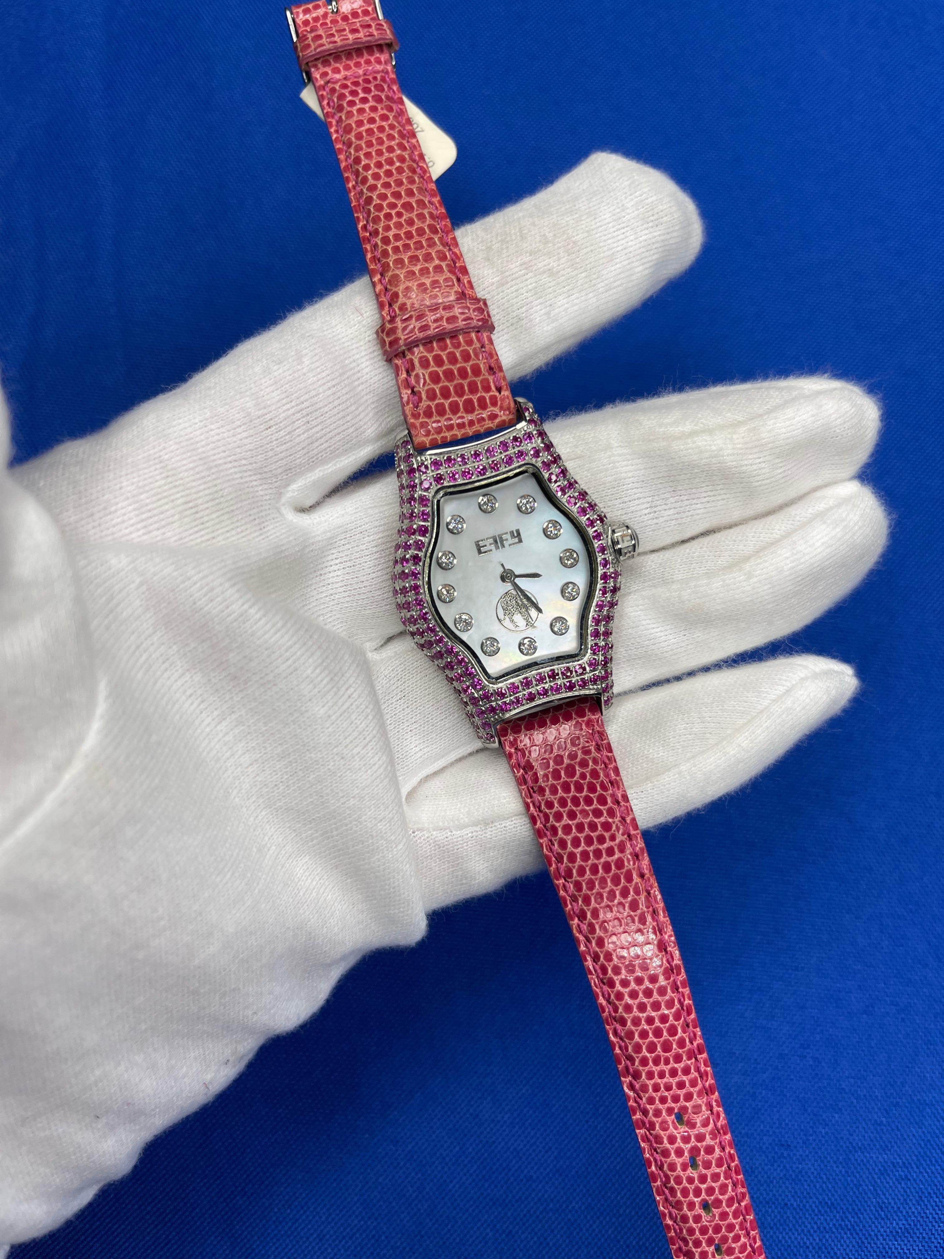 Pink Sapphire & Diamonds Pave Dial Luxury Swiss Quartz Exotic Leather Band Watch