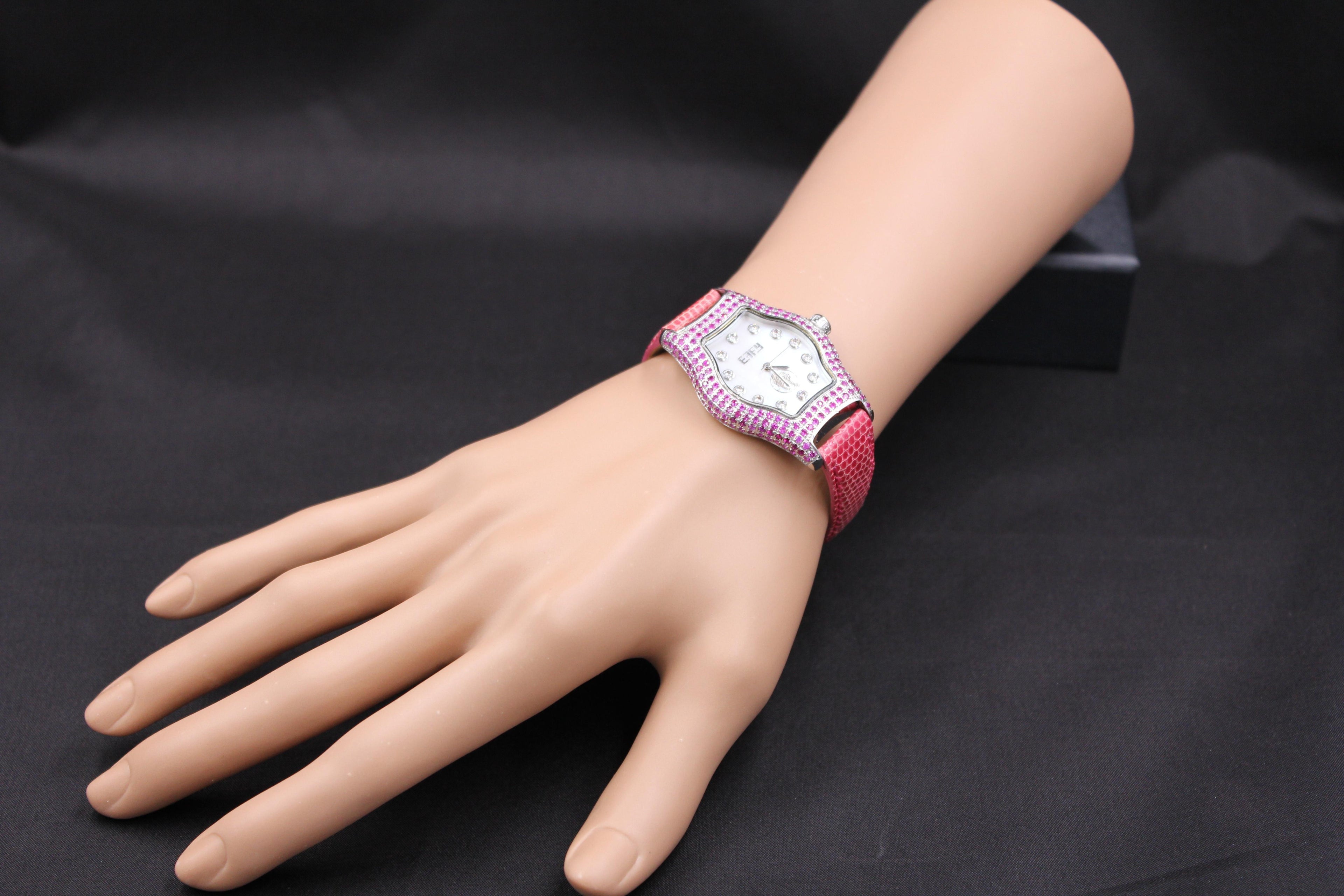 Pink Sapphire & Diamonds Pave Dial Luxury Swiss Quartz Exotic Leather Band Watch