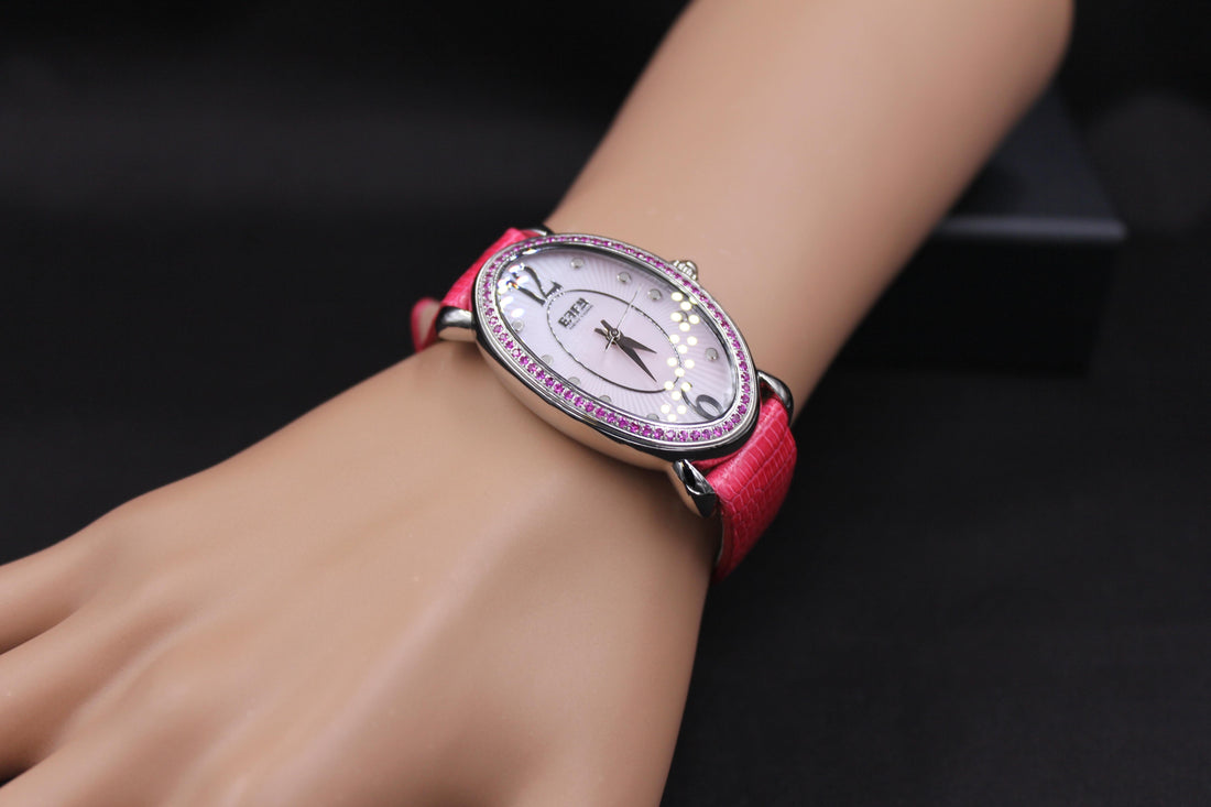 Pink Sapphire Diamonds Pave Dial Luxury Swiss Quartz Exotic Leather Band Watch