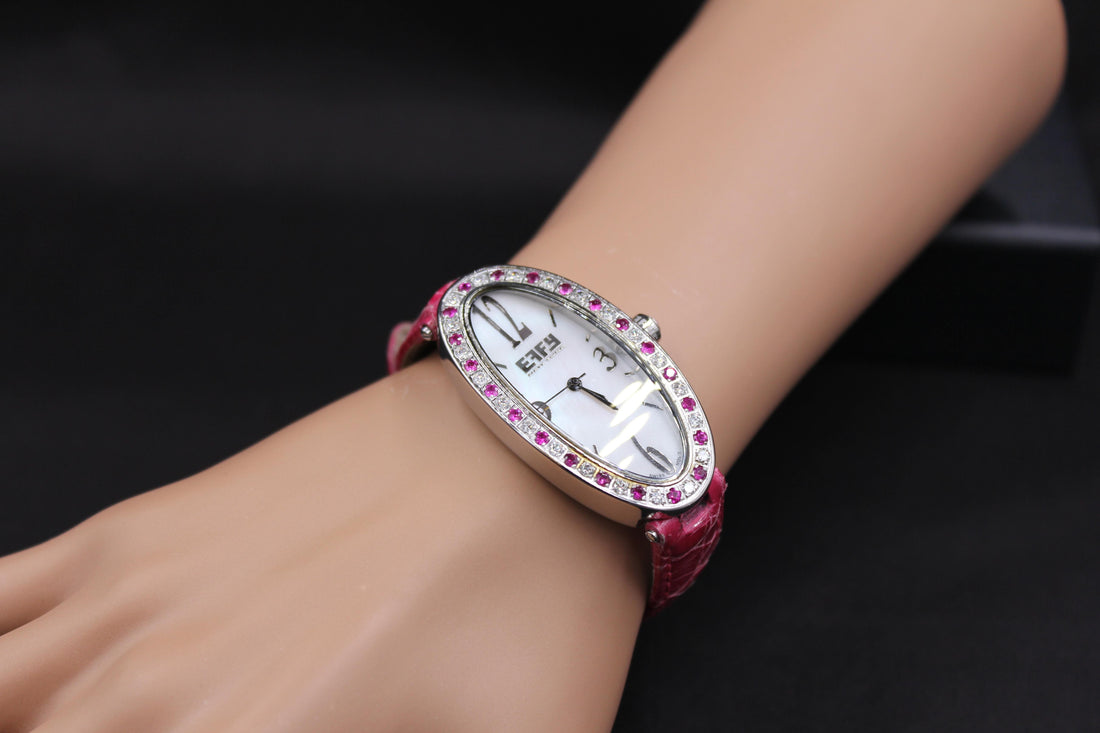 Pink Sapphire Diamonds Pave Dial Luxury Swiss Quartz Exotic Leather Band Watch