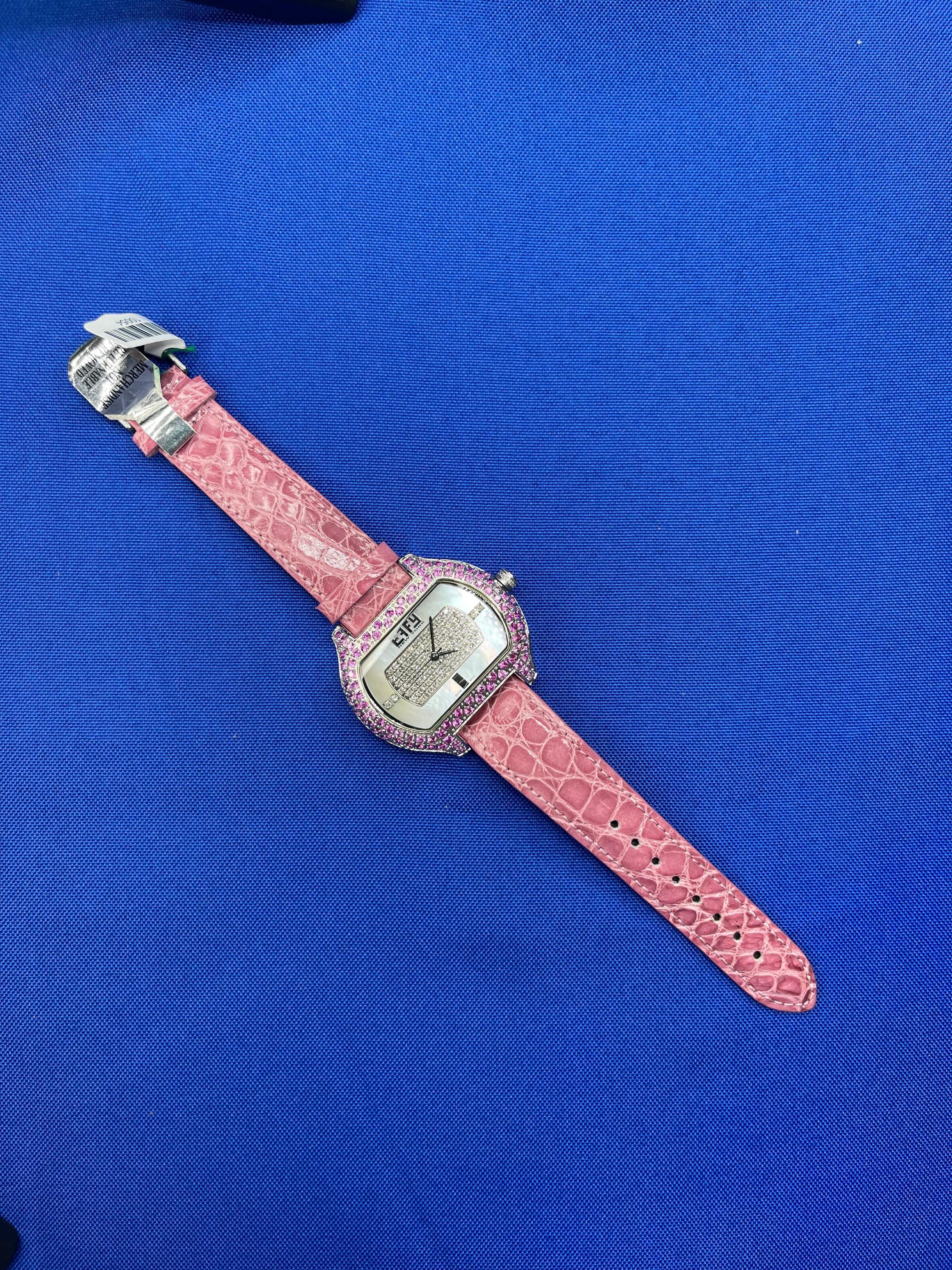 Pink Sapphire & Diamonds Pave Dial Luxury Swiss Quartz Exotic Leather Band Watch