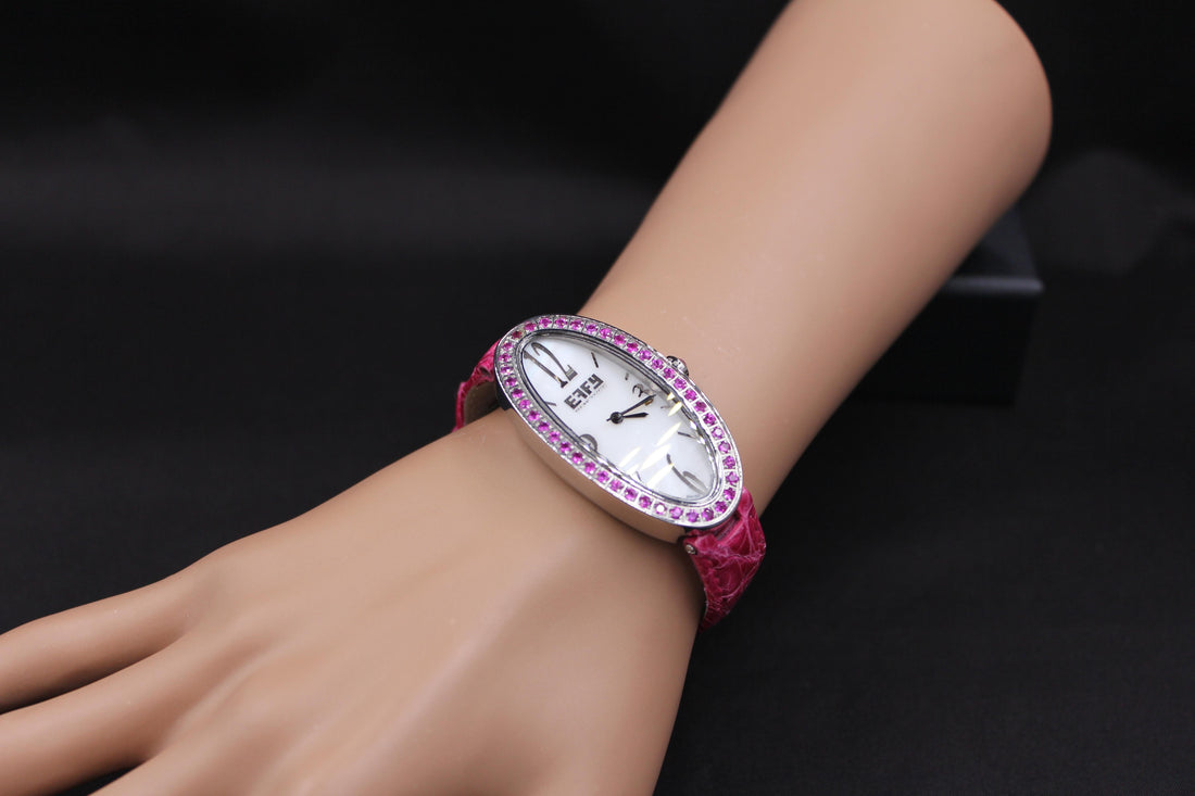 Pink Sapphire Pave Dial Luxury Swiss Quartz Exotic Leather Band Watch
