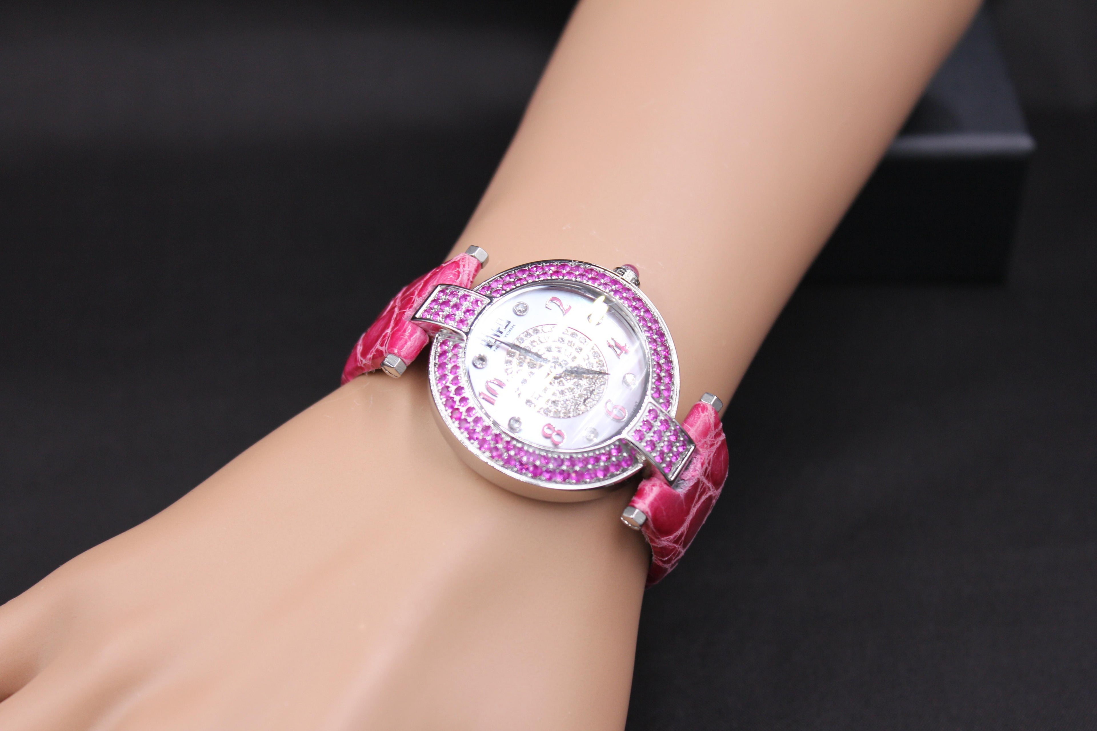 Pink Sapphires & Diamond Pave Dial Luxury Swiss Quartz Exotic Watch 3.28 Tcw