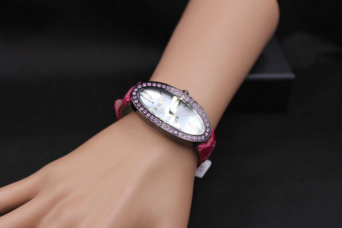 Pink Sapphires Pave Dial Luxury Swiss Quartz Exotic Leather Band Watch