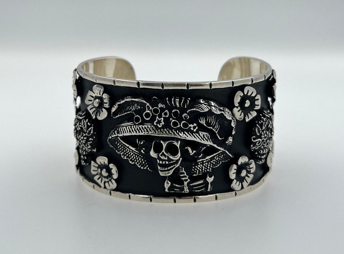 Pirate Flower Black Goth Art Hardy 925 Sterling Silver Wide Chunky Black Cuff Ba