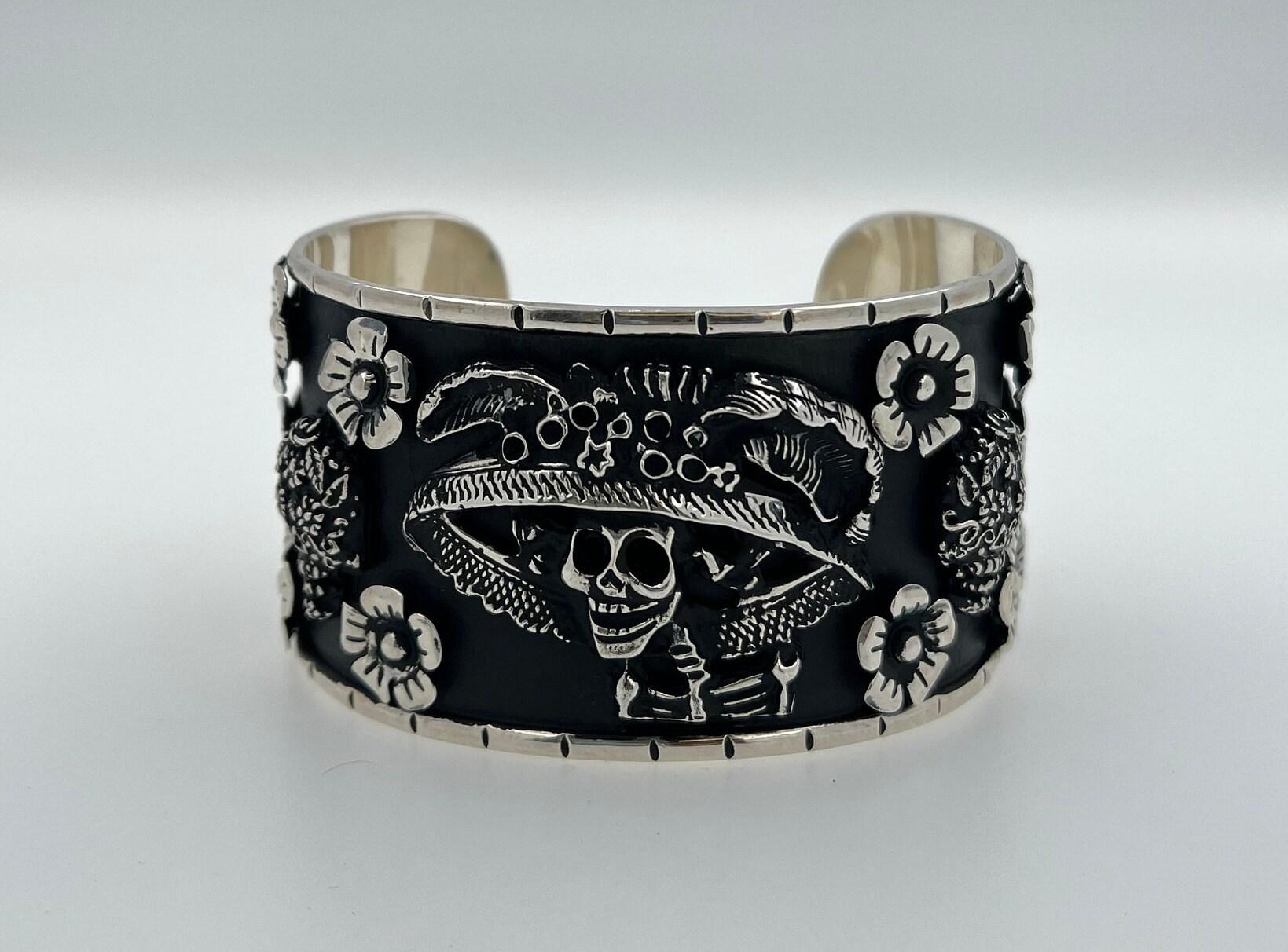 Pirate Flower Black Goth Art Hardy 925 Sterling Silver Wide Chunky Black Cuff Ba