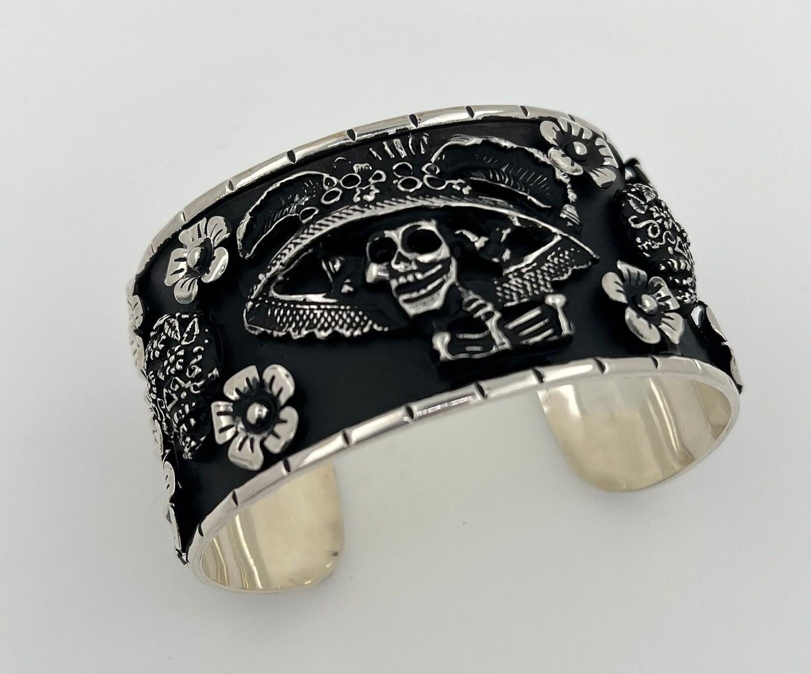 Pirate Flower Black Goth Art Hardy 925 Sterling Silver Wide Chunky Black Cuff Ba