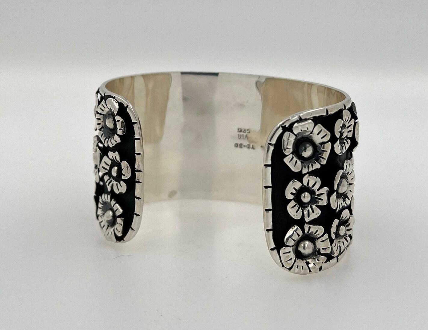 Pirate Flower Black Goth Art Hardy 925 Sterling Silver Wide Chunky Black Cuff Ba