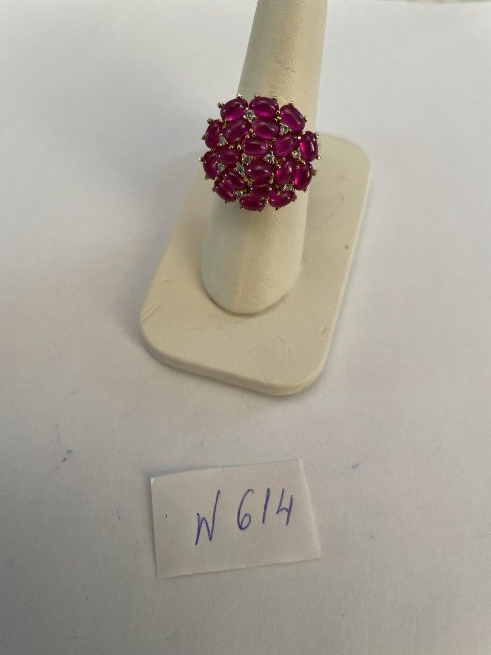 Pink Red Ruby Cabochon Cluster Diamond Pave Rose Gold Statement Cocktail Ring