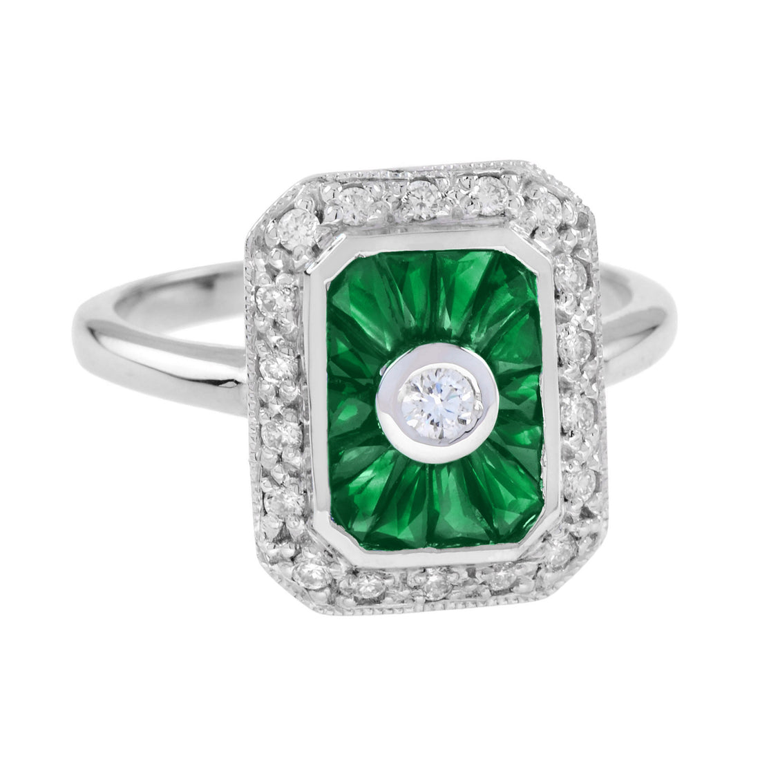 Diamond & Green Emerald Baguette Halo Art Deco Style 14K White Gold Ring
