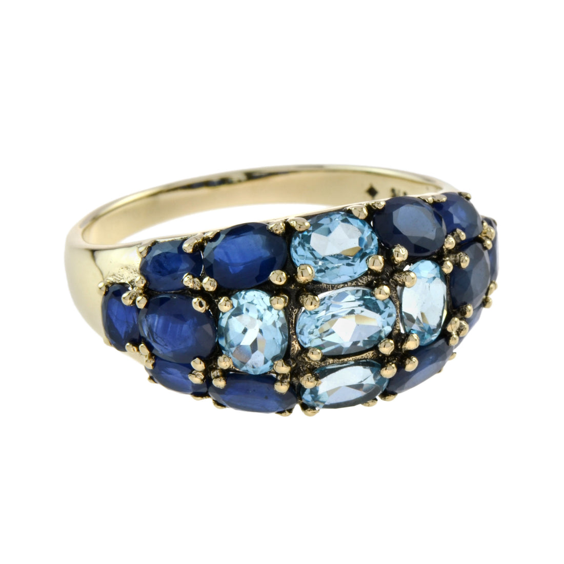 Vintage Style Blue Topaz & Blue Sapphire Cocktail 14K Yellow Gold Cluster Ring