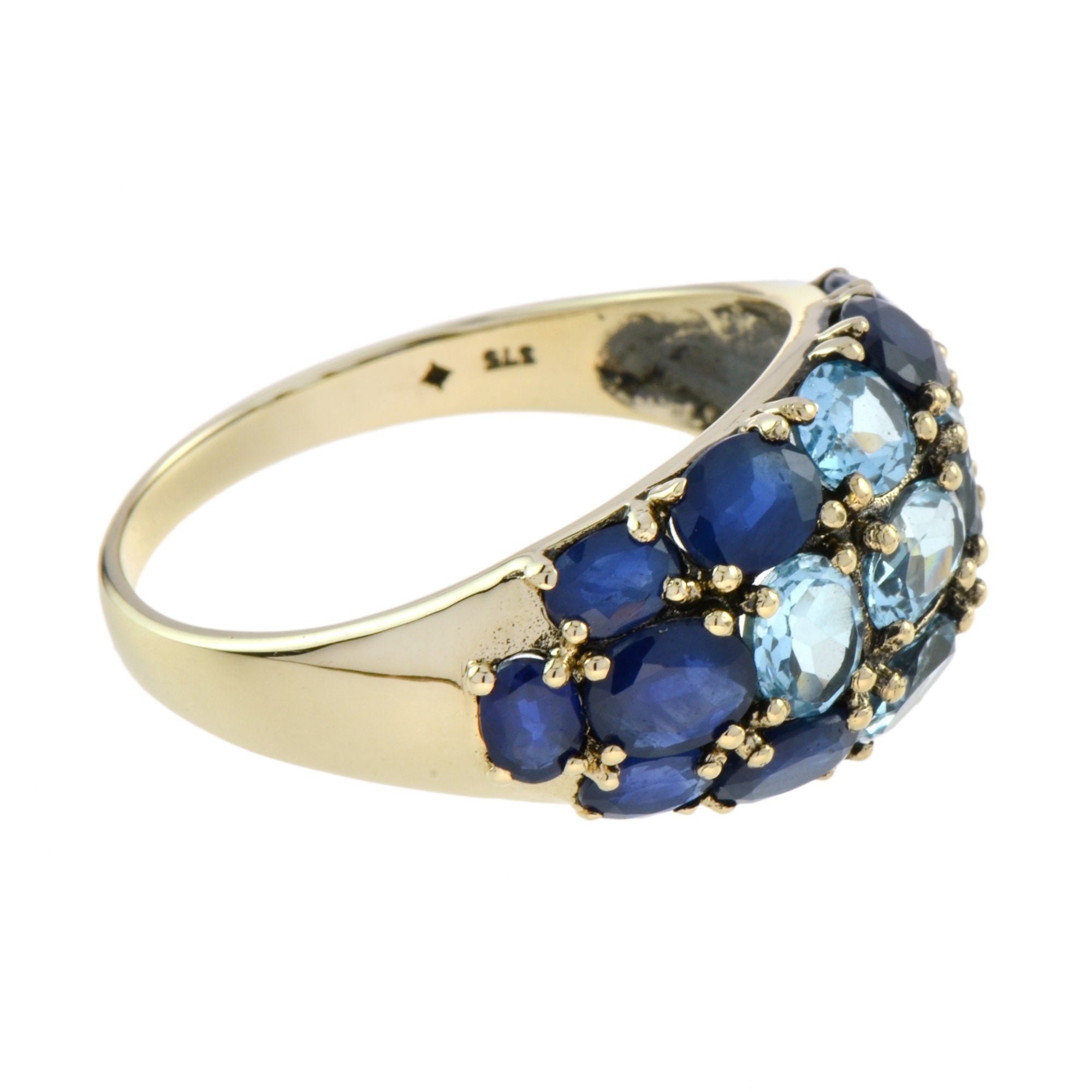 Vintage Style Blue Topaz & Blue Sapphire Cocktail 14K Yellow Gold Cluster Ring