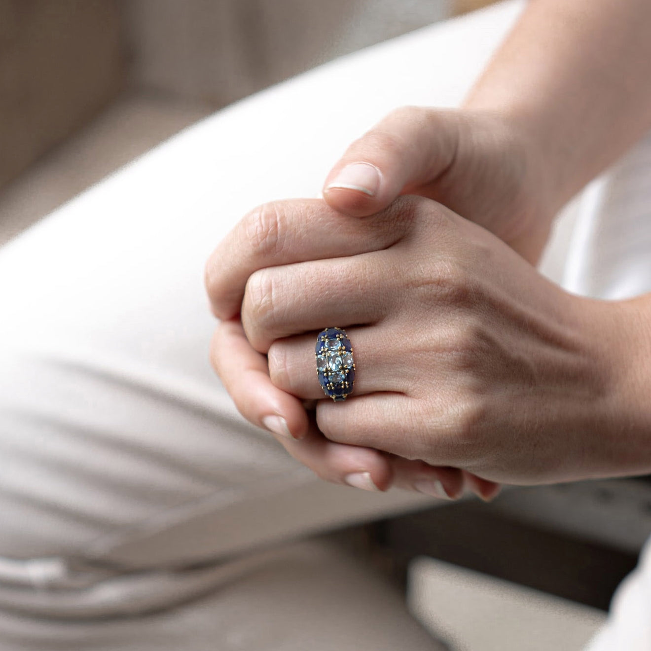 Vintage Style Blue Topaz & Blue Sapphire Cocktail 14K Yellow Gold Cluster Ring