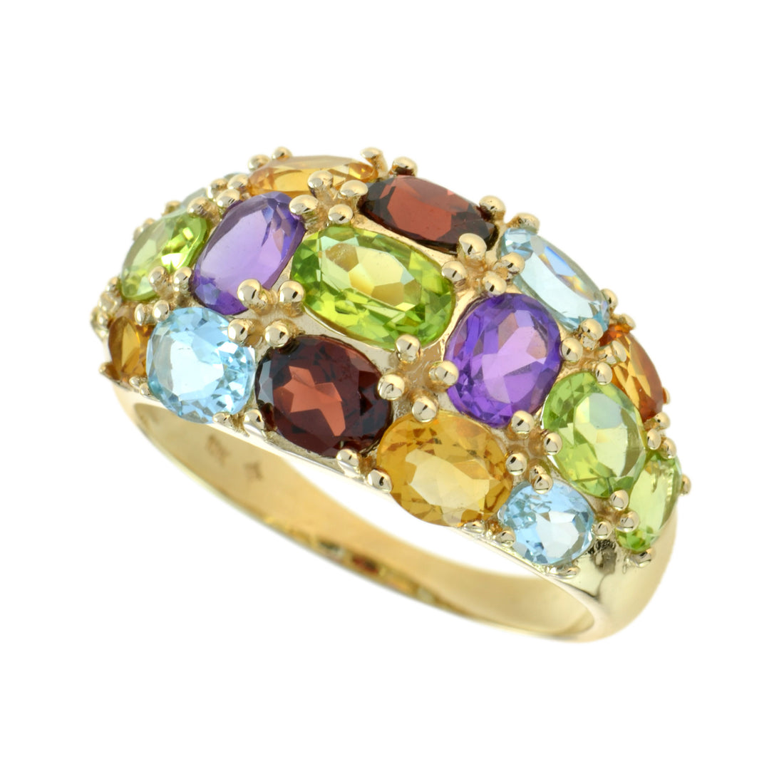 Rainbow Color Multi Gemstones Vintage Style Cluster Dome 14K Yellow Gold Ring