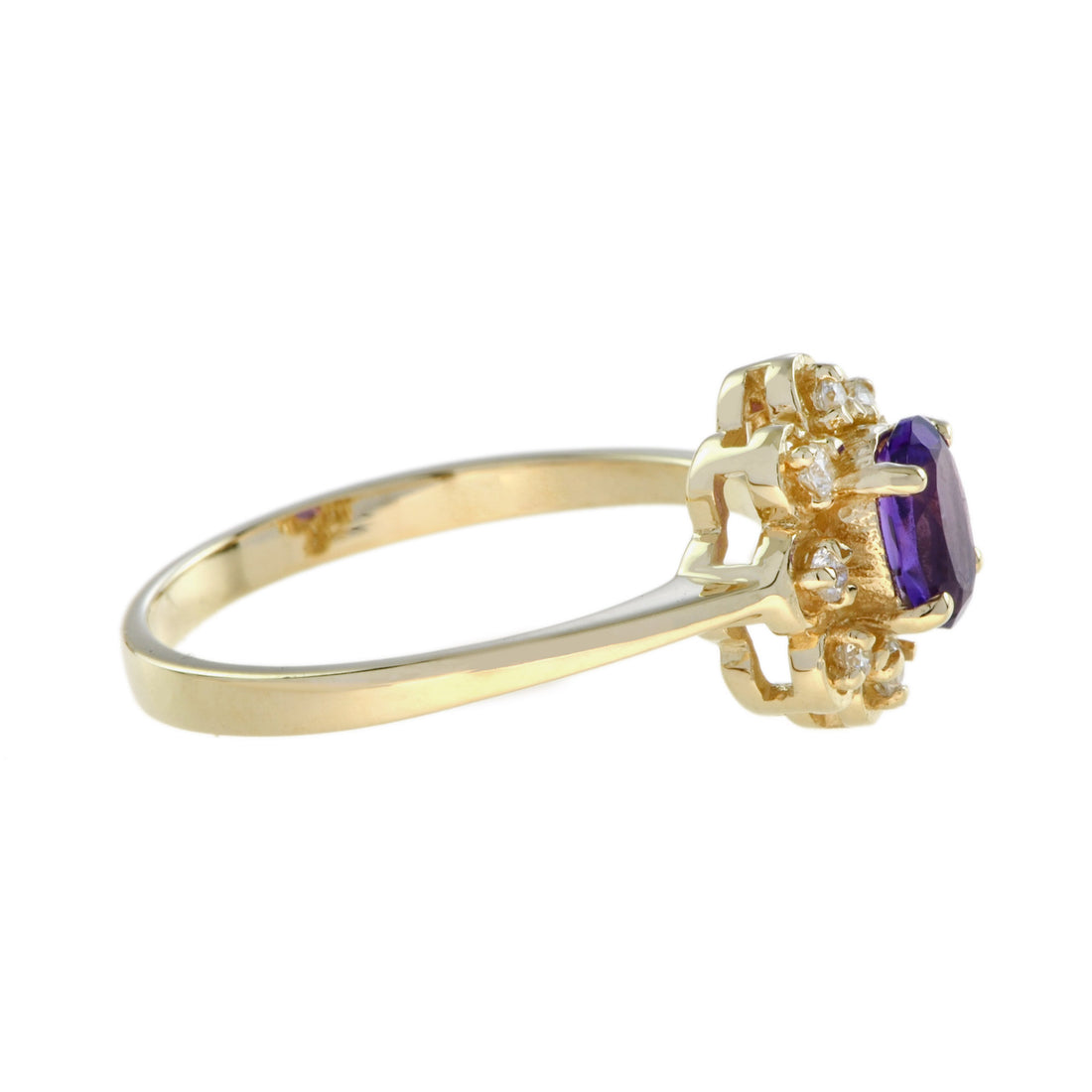 Vintage Style Amethyst & Diamond Halo 14K Yellow Gold Cluster Ring