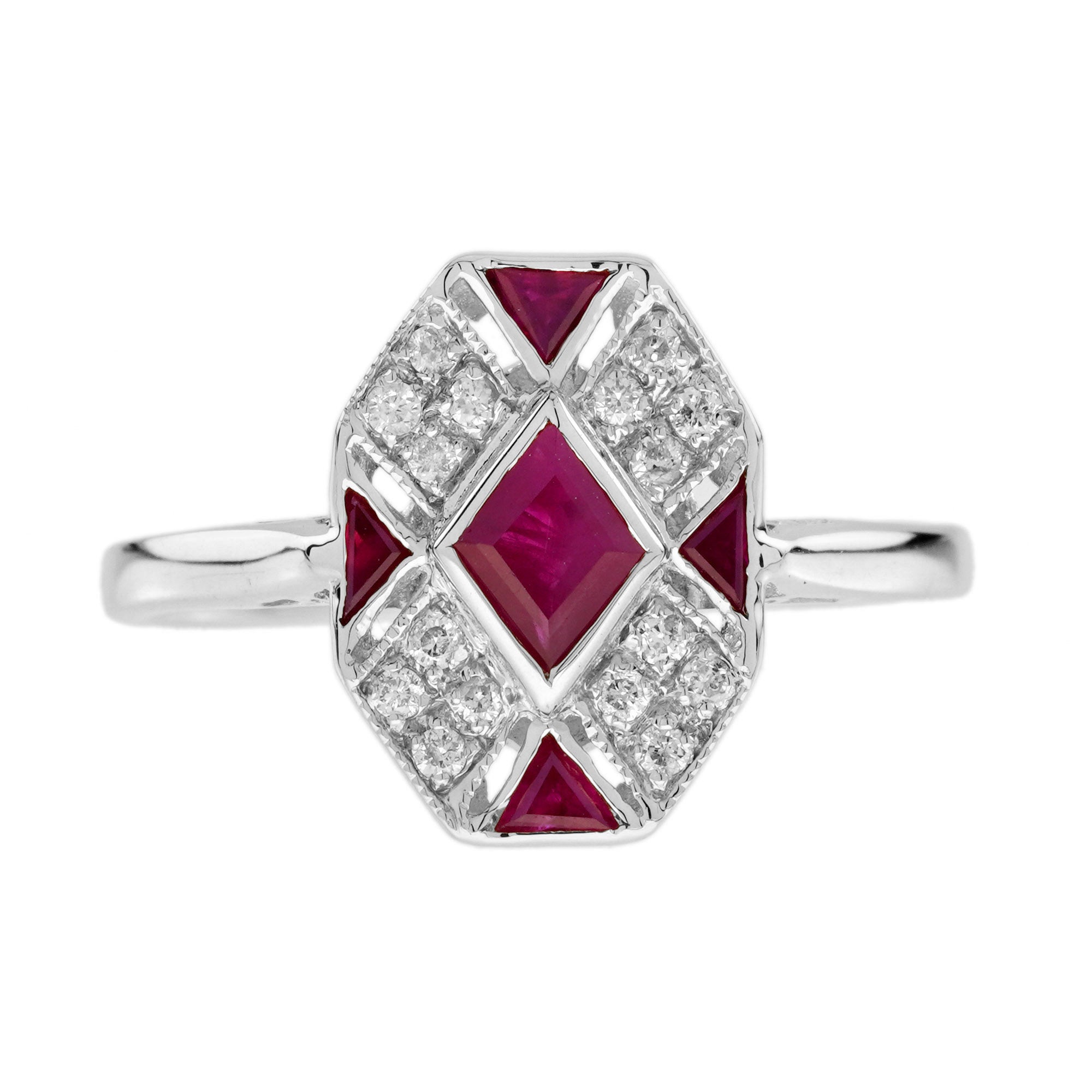 Rhombus Ruby & Diamond Art Deco Style Mosaic White Gold Ring