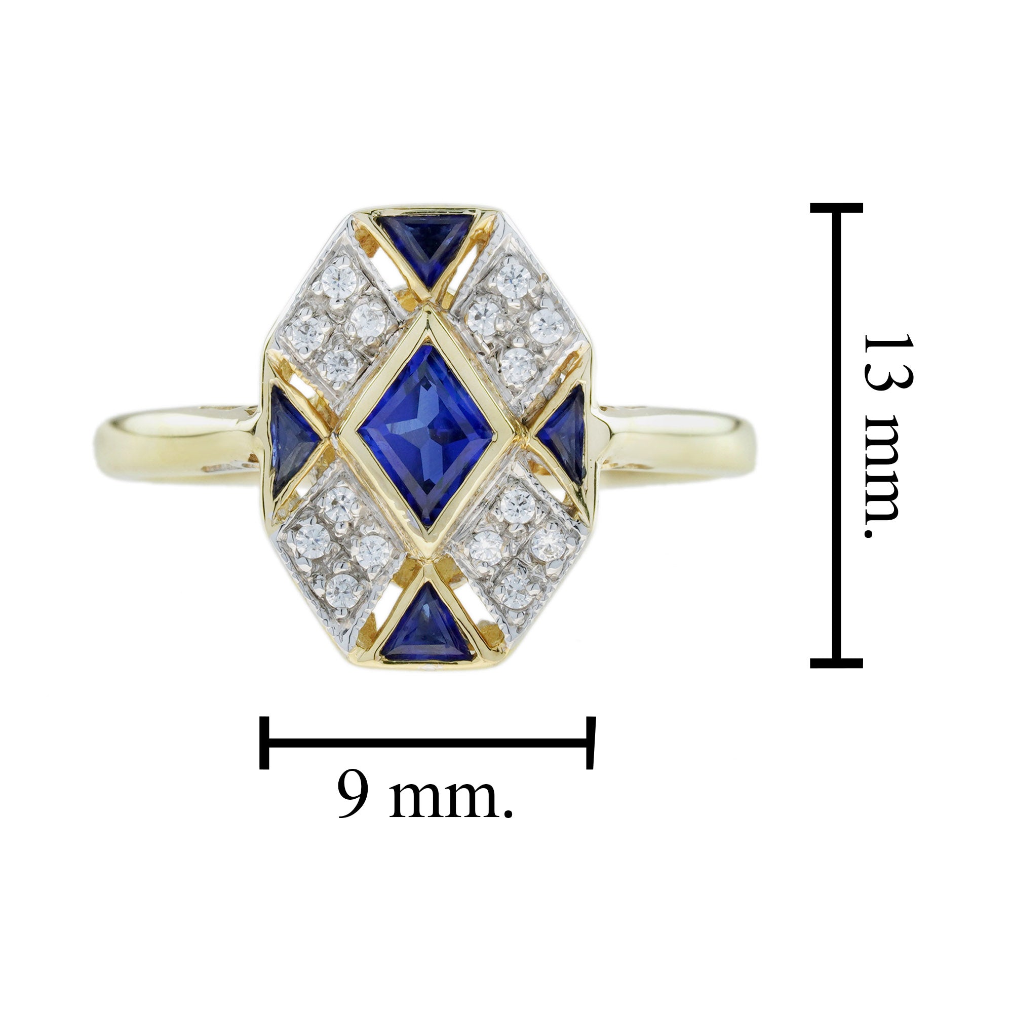 Rhombus Shape Blue Sapphire & Diamond Art Deco Style Cluster 14K Gold Ring