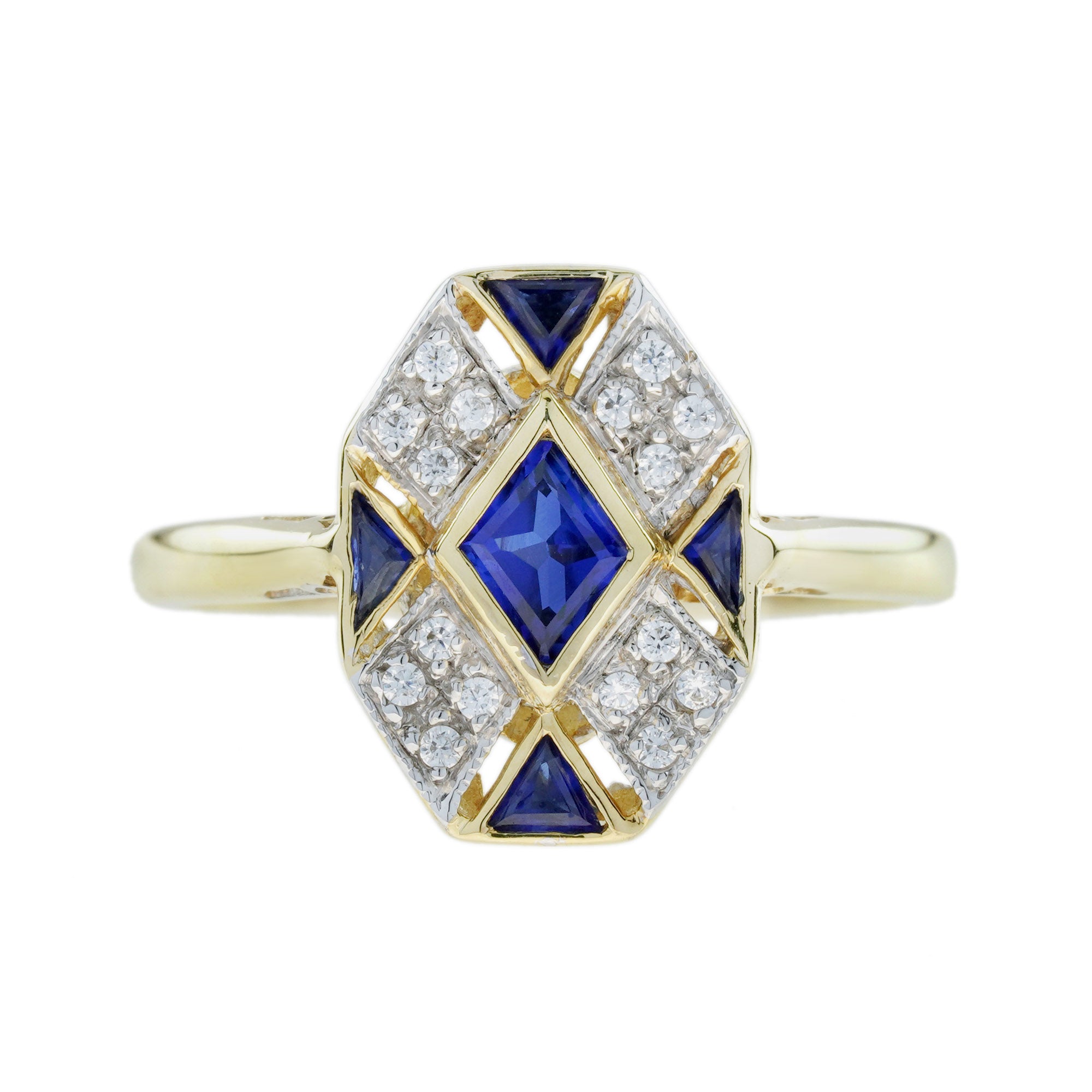Rhombus Shape Blue Sapphire & Diamond Art Deco Style Cluster 14K Gold Ring