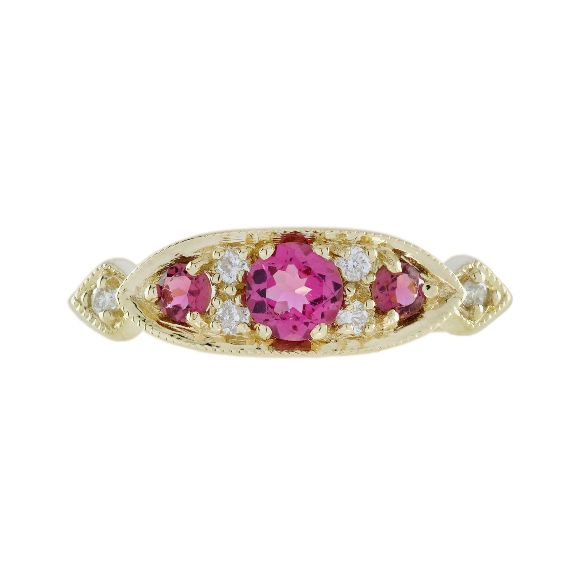 Pink Tourmaline & Diamond Vintage Style Three Stone Yellow Gold Ring