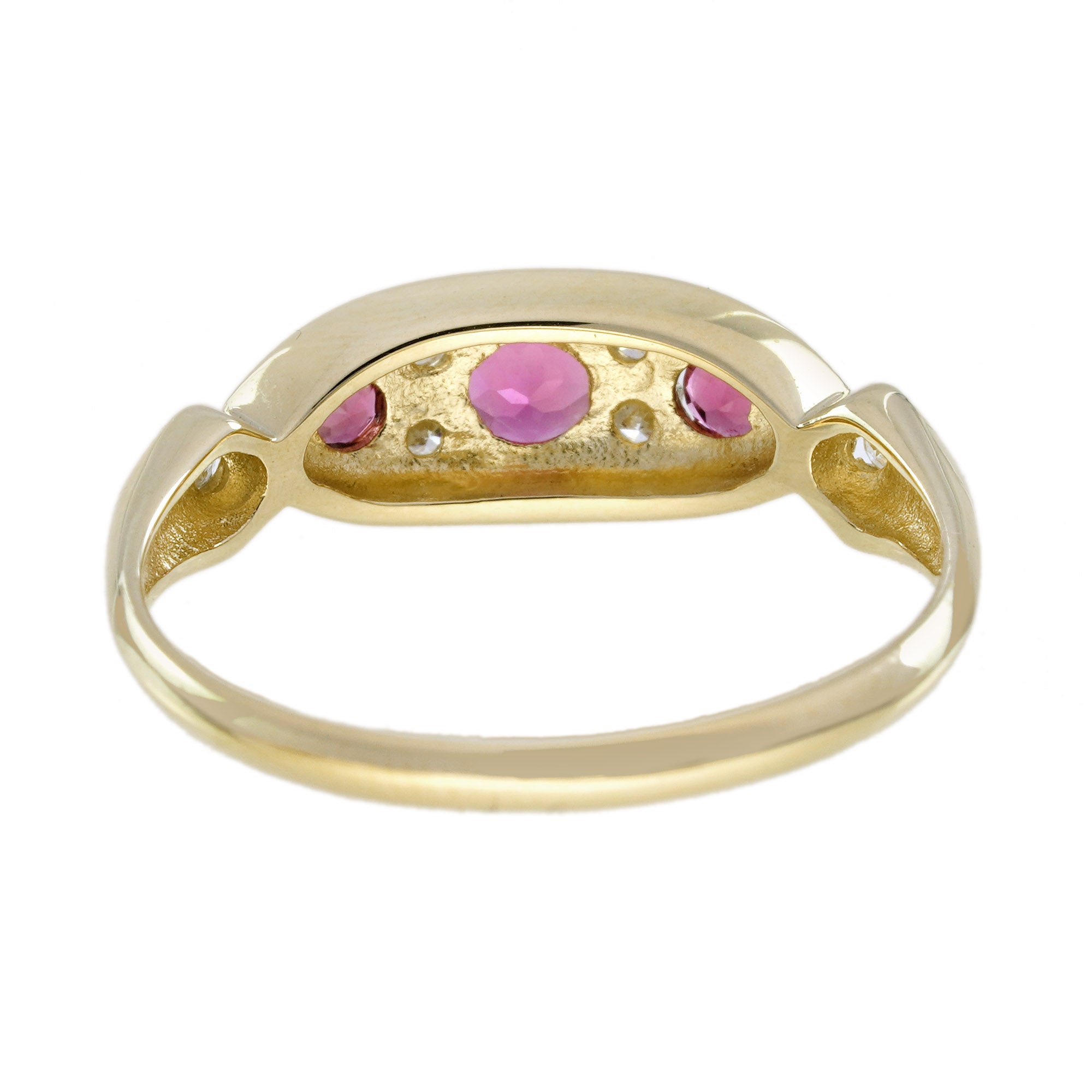 Pink Tourmaline & Diamond Vintage Style Three Stone Yellow Gold Ring