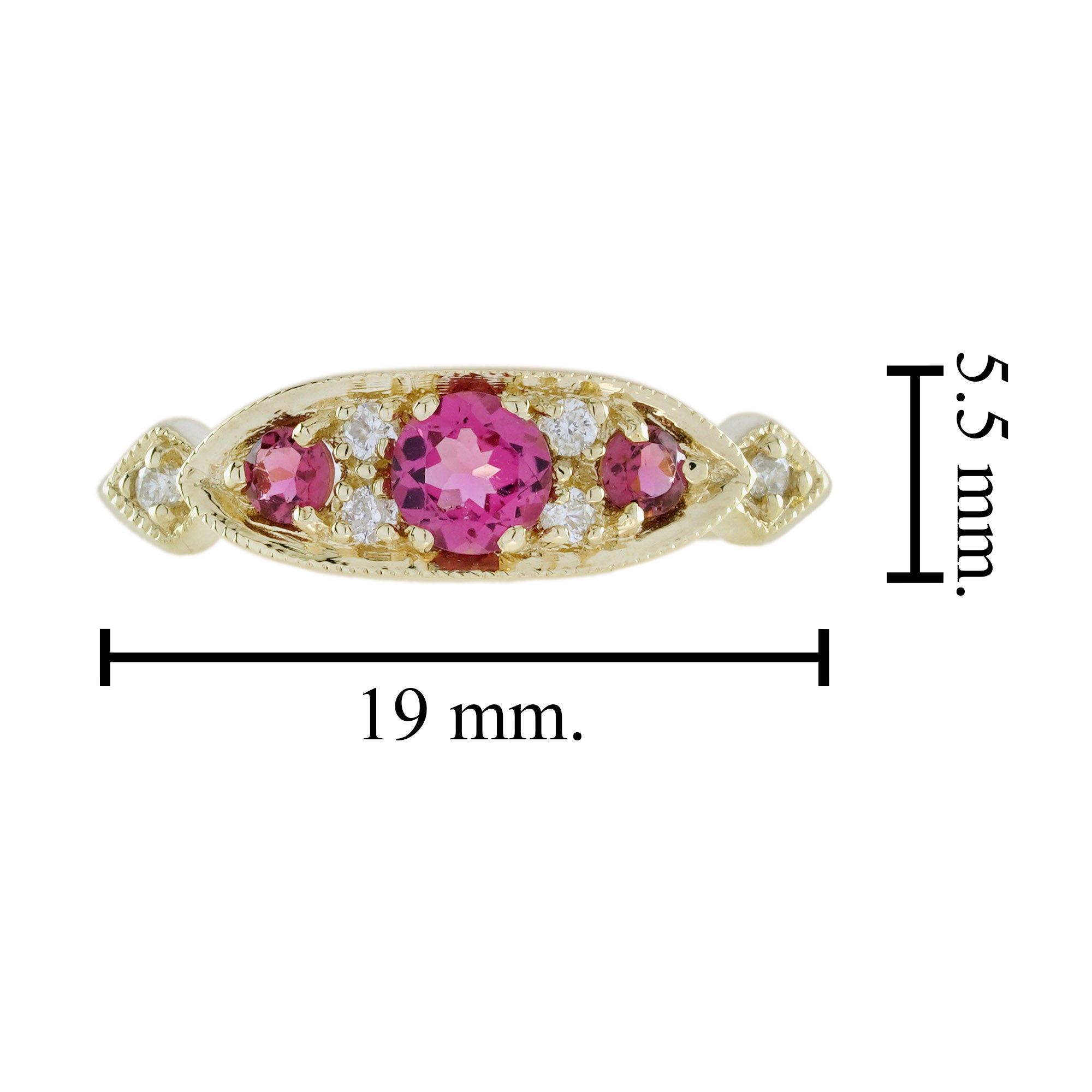 Pink Tourmaline & Diamond Vintage Style Three Stone Yellow Gold Ring
