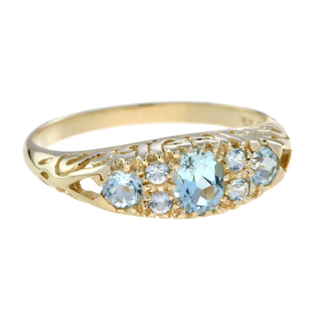 Blue Topaz Vintage Style Three Stone Cluster Filigree 14K Yellow Gold Ring