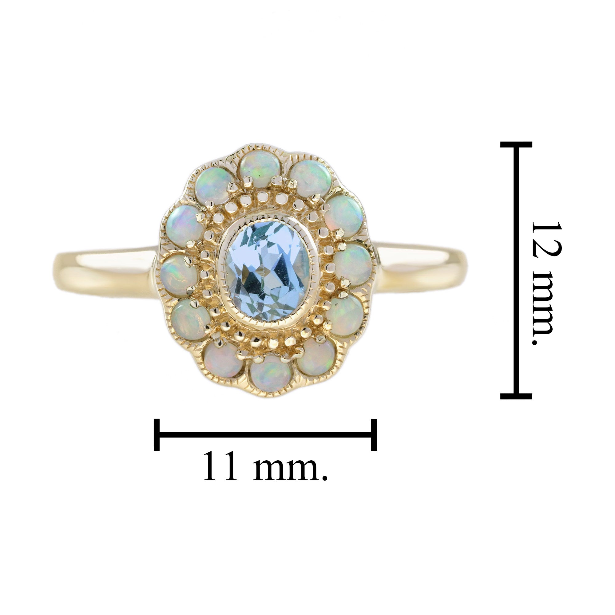 Blue Topaz & White Opal Halo Set Vintage Style Floral Halo Yellow Gold Ring
