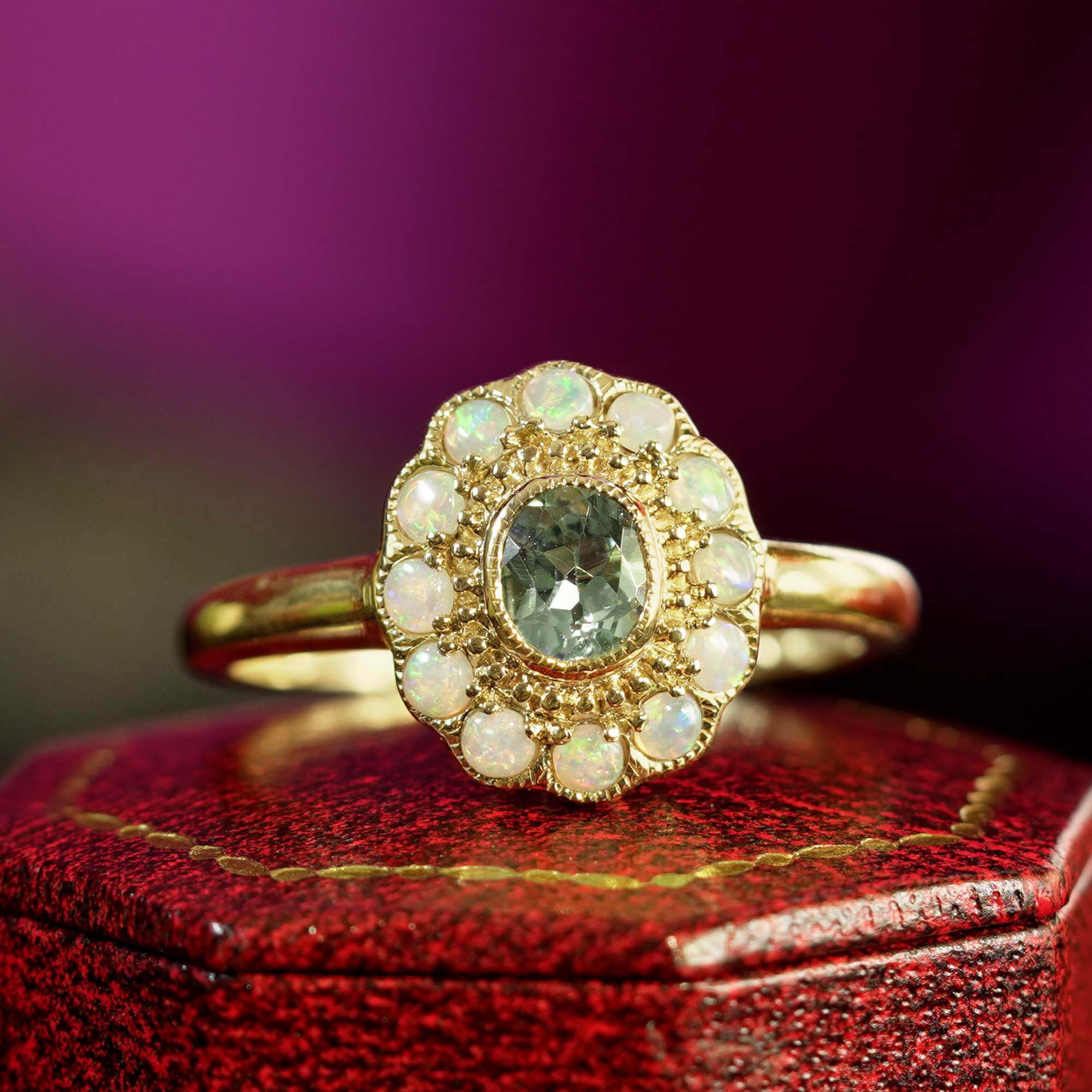 Blue Topaz & White Opal Halo Set Vintage Style Floral Halo Yellow Gold Ring