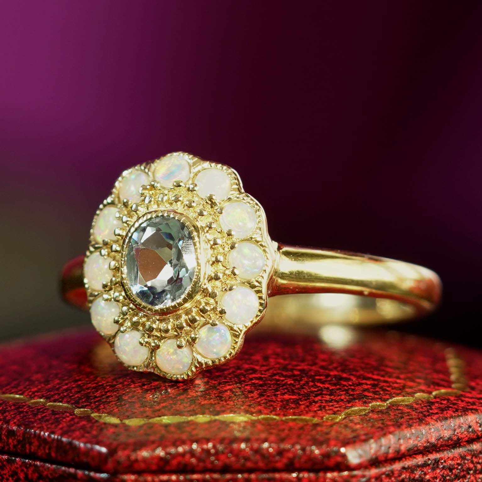 Blue Topaz & White Opal Halo Set Vintage Style Floral Halo Yellow Gold Ring
